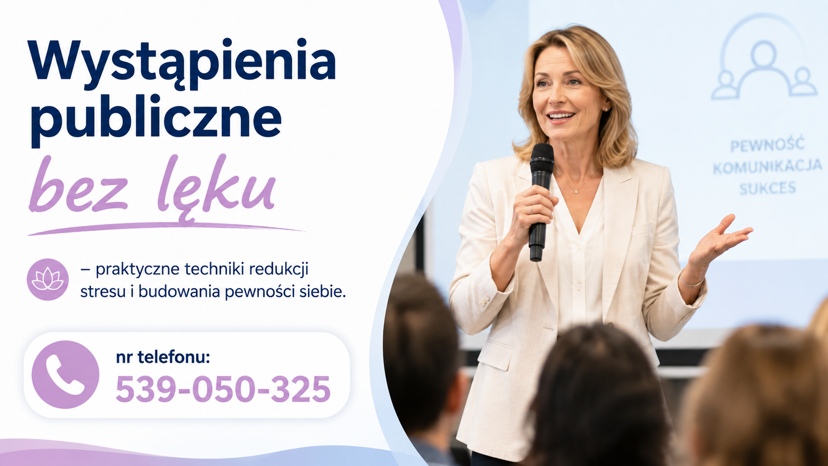 Wystąpienia publiczne bez lęku – praktyczne techniki redukcji stresu i budowania pewności siebie.